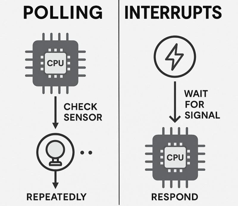 Polling wastes cycles checking for events, while Interrupts allow the CPU to stay efficient. A comparison diagram showing the CPU wasting time checking status in Polling mode versus the CPU processing events only when triggered in Interrupt mode.