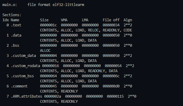 Using `objdump` to see the internal custom sections defined in our compiled `main.o` file. A screenshot showing the output of the arm-none-eabi-objdump -h command, listing the custom sections that were created.