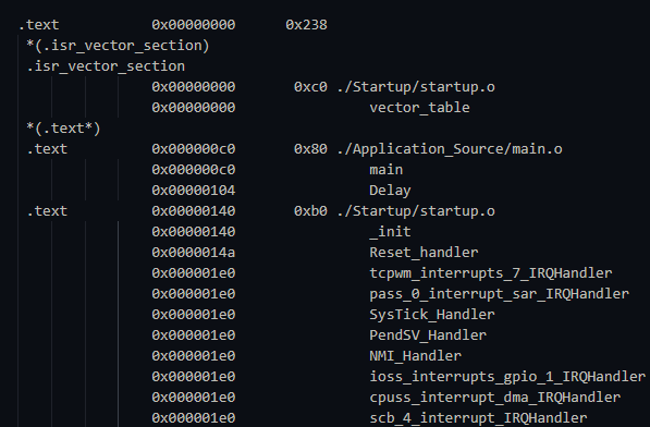 Proof that our Linker Script successfully pinned the Vector Table to the start of Flash memory. A screenshot of the objdump output confirming that the .text section and the vector table start at memory address 0x00000000.